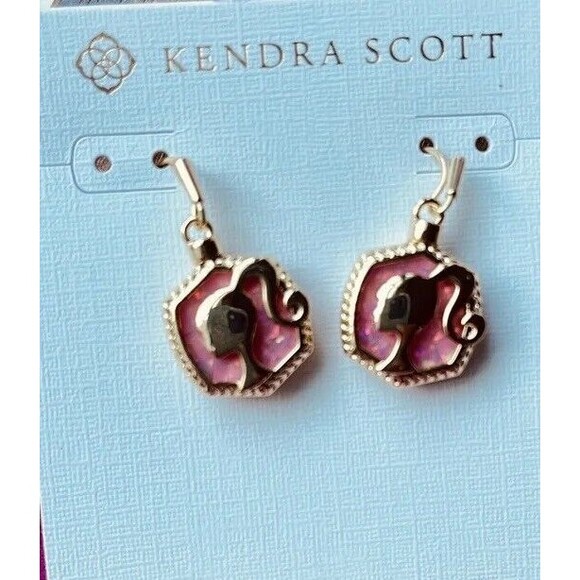 KENDRA SCOTT x BARBIE Drop Earrings Gold Logo Pink Iridescent Glitter Glass NWT - Picture 1 of 2